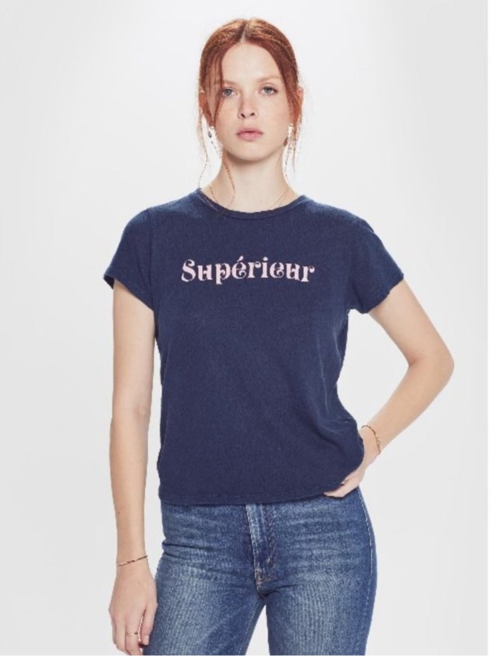 MOTHER SUPERIOR Sinful Tee Navy Blue Linen Cotton Short Sleeve Graphic Tee Small